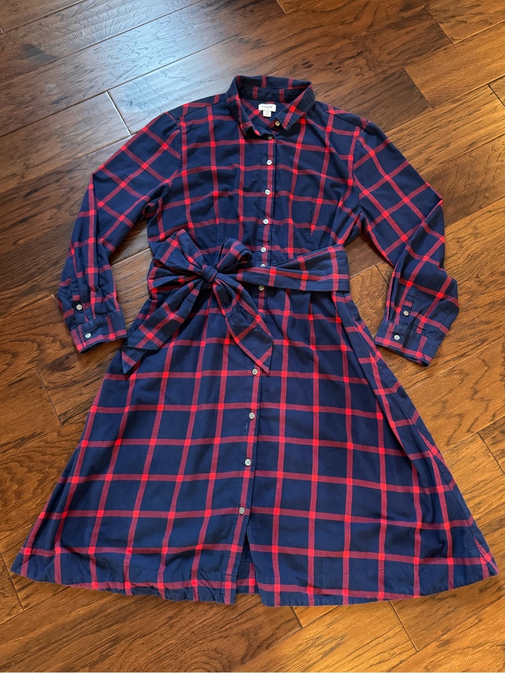 J.Crew Factory Tie-Waist Flannel Shirtdress Navy Red Plaid Size 14